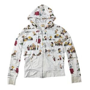 Peanuts Charlie Brown Hoodie Women Small White Zip Up All Over Print Snoopy